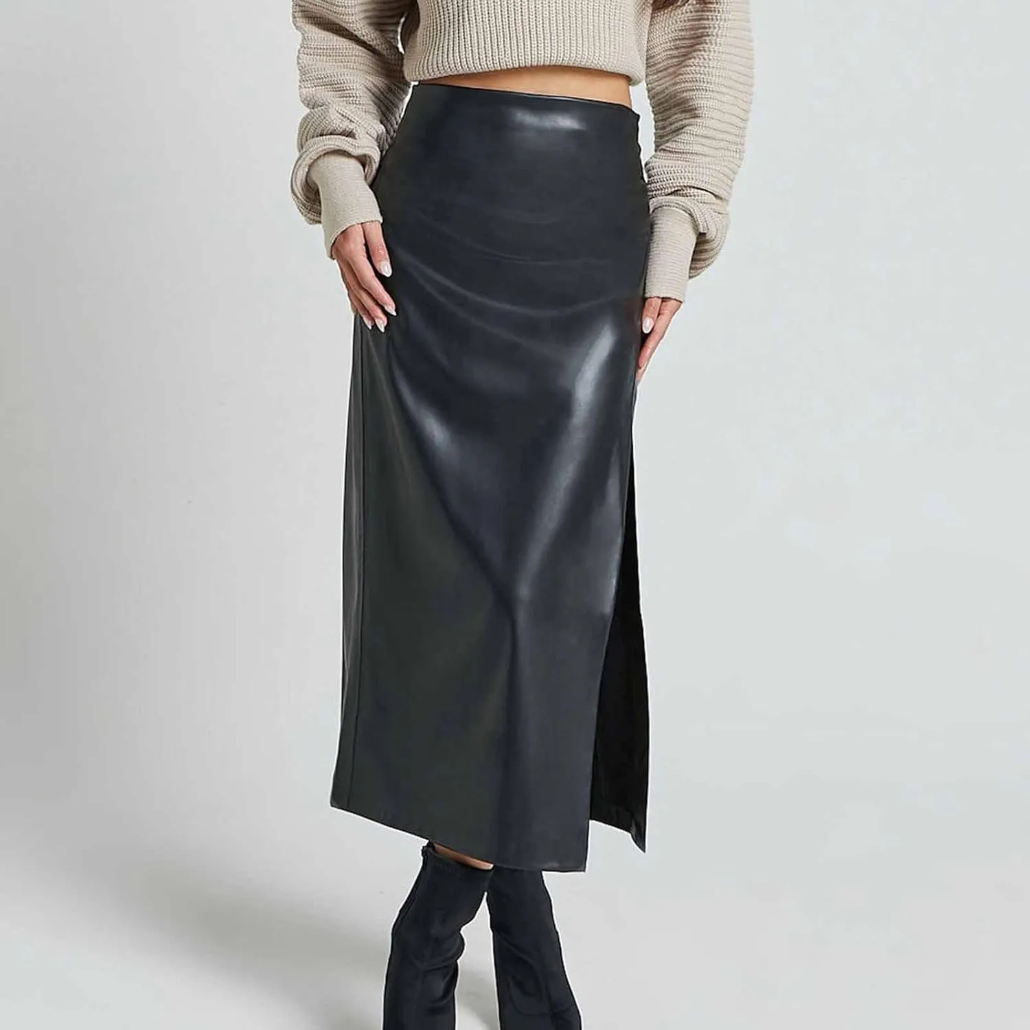 Women's Faux Leather Maxi Skirt Classic Trendy Dressy High Waisted Side Slit PU Leather Skirt Party Clubwear