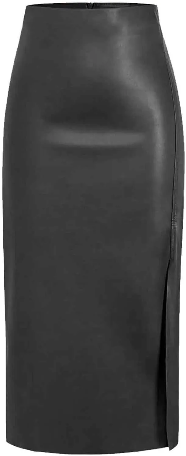 Women's Faux Leather Maxi Skirt Classic Trendy Dressy High Waisted Side Slit PU Leather Skirt Party Clubwear