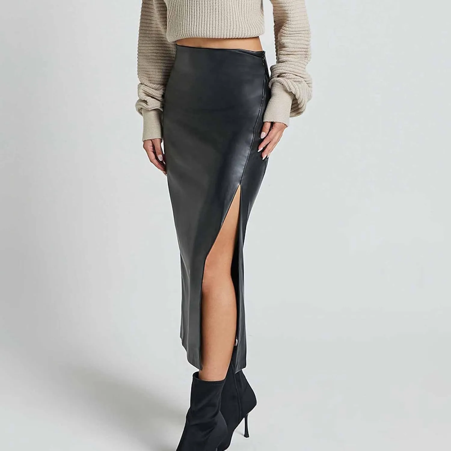 Women's Faux Leather Maxi Skirt Classic Trendy Dressy High Waisted Side Slit PU Leather Skirt Party Clubwear