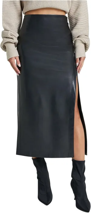 Women's Faux Leather Maxi Skirt Classic Trendy Dressy High Waisted Side Slit PU Leather Skirt Party Clubwear
