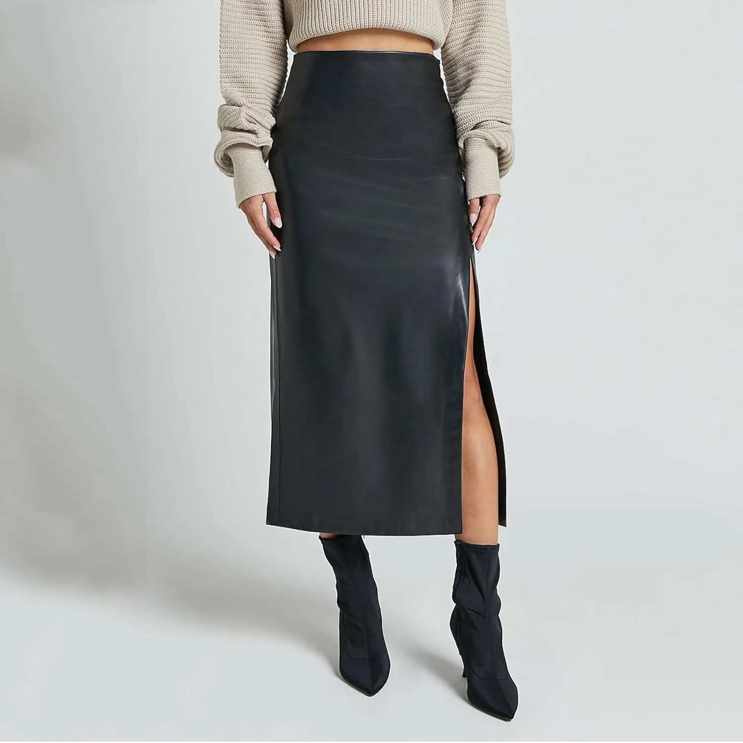 Women's Faux Leather Maxi Skirt Classic Trendy Dressy High Waisted Side Slit PU Leather Skirt Party Clubwear