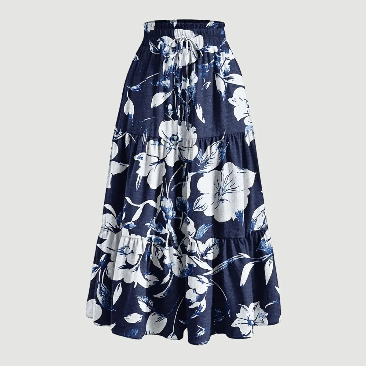 Womens Floral Print Long Skirt Boho Summer Beach Vacation Pleated Drawstring Elastic High Waisted Casual Maxi Skirt