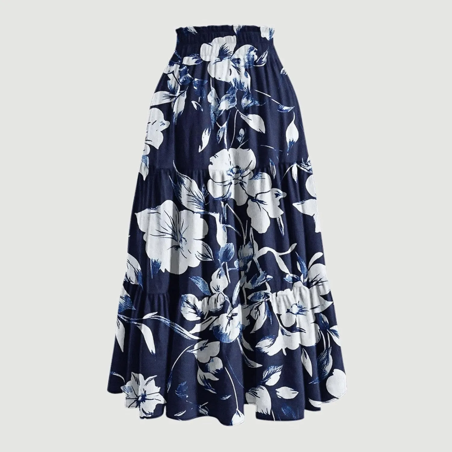 Womens Floral Print Long Skirt Boho Summer Beach Vacation Pleated Drawstring Elastic High Waisted Casual Maxi Skirt