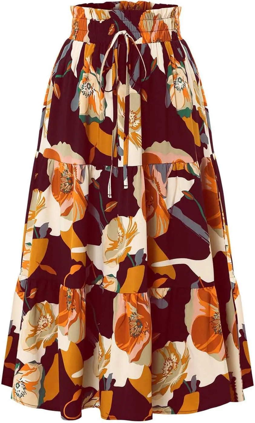 Women's Flowy High Waist A-Line Maxi Skirt Summer Casual Boho Floral Hawaii Beach Skirts Lightweight Long Skirts