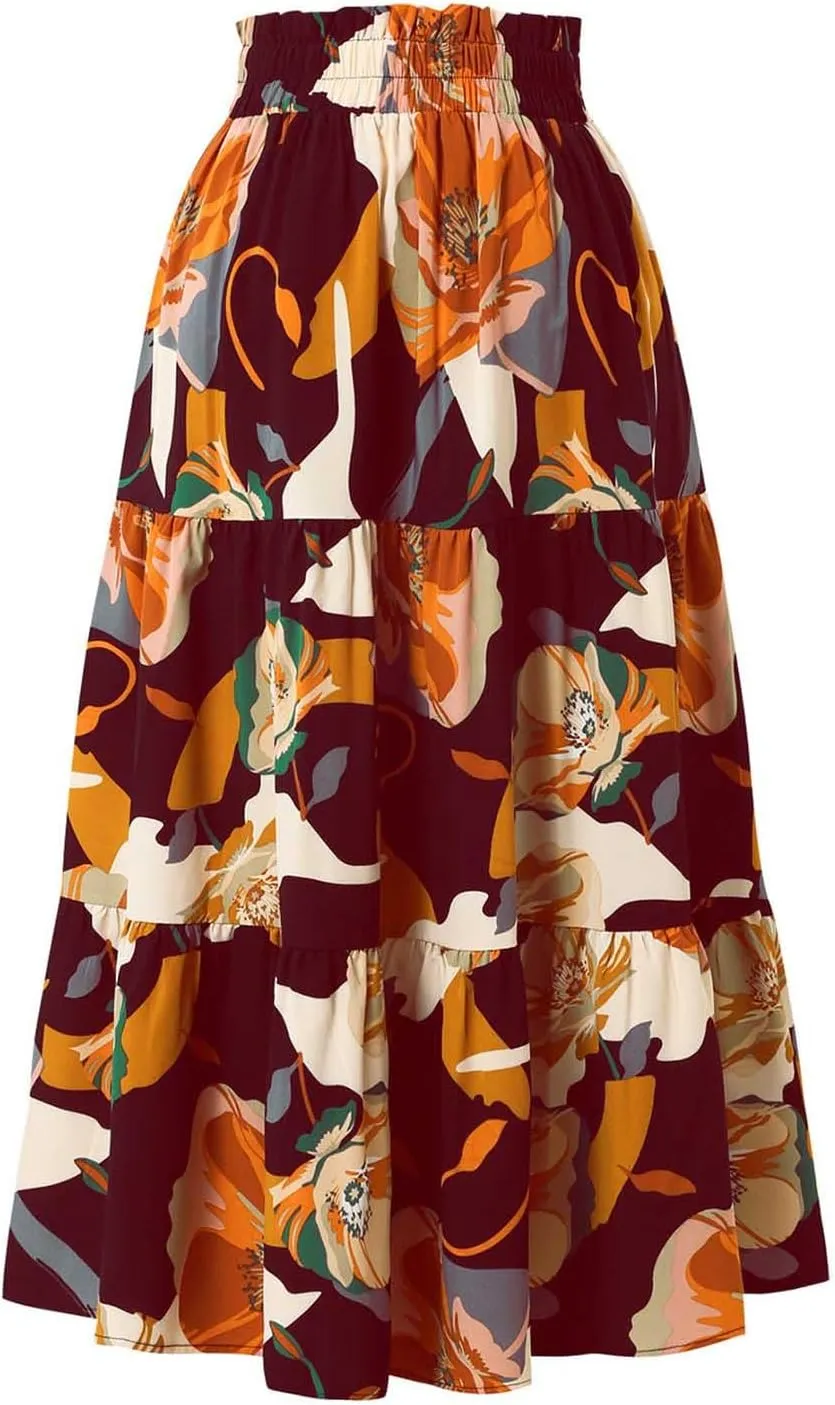 Women's Flowy High Waist A-Line Maxi Skirt Summer Casual Boho Floral Hawaii Beach Skirts Lightweight Long Skirts