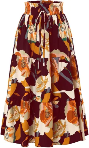Women's Flowy High Waist A-Line Maxi Skirt Summer Casual Boho Floral Hawaii Beach Skirts Lightweight Long Skirts