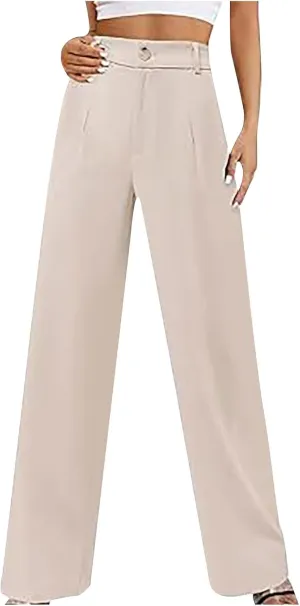Women's Half Elastic Waist Straight Leg Trousers Office Dress Pants High Waisted Business Outfits Casual Work Pants