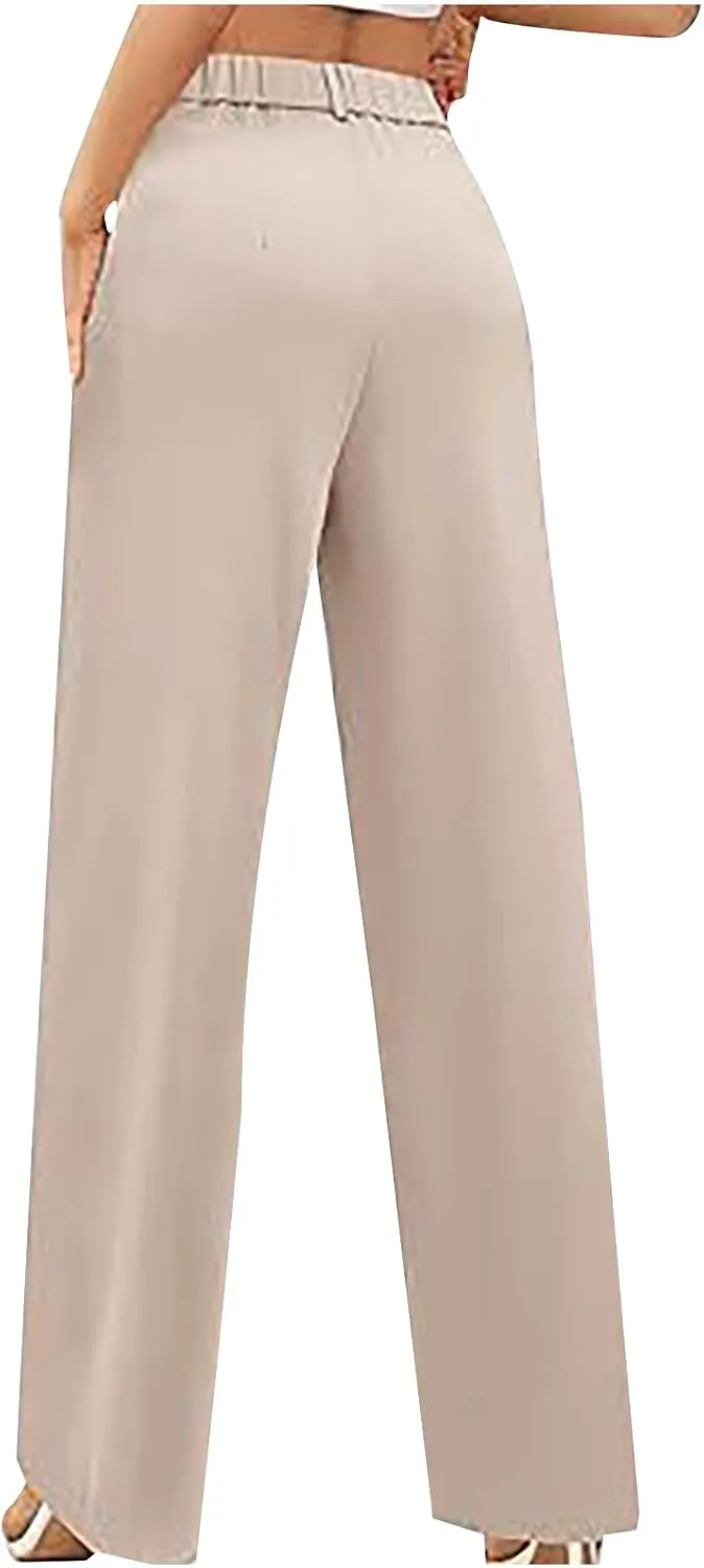 Women's Half Elastic Waist Straight Leg Trousers Office Dress Pants High Waisted Business Outfits Casual Work Pants
