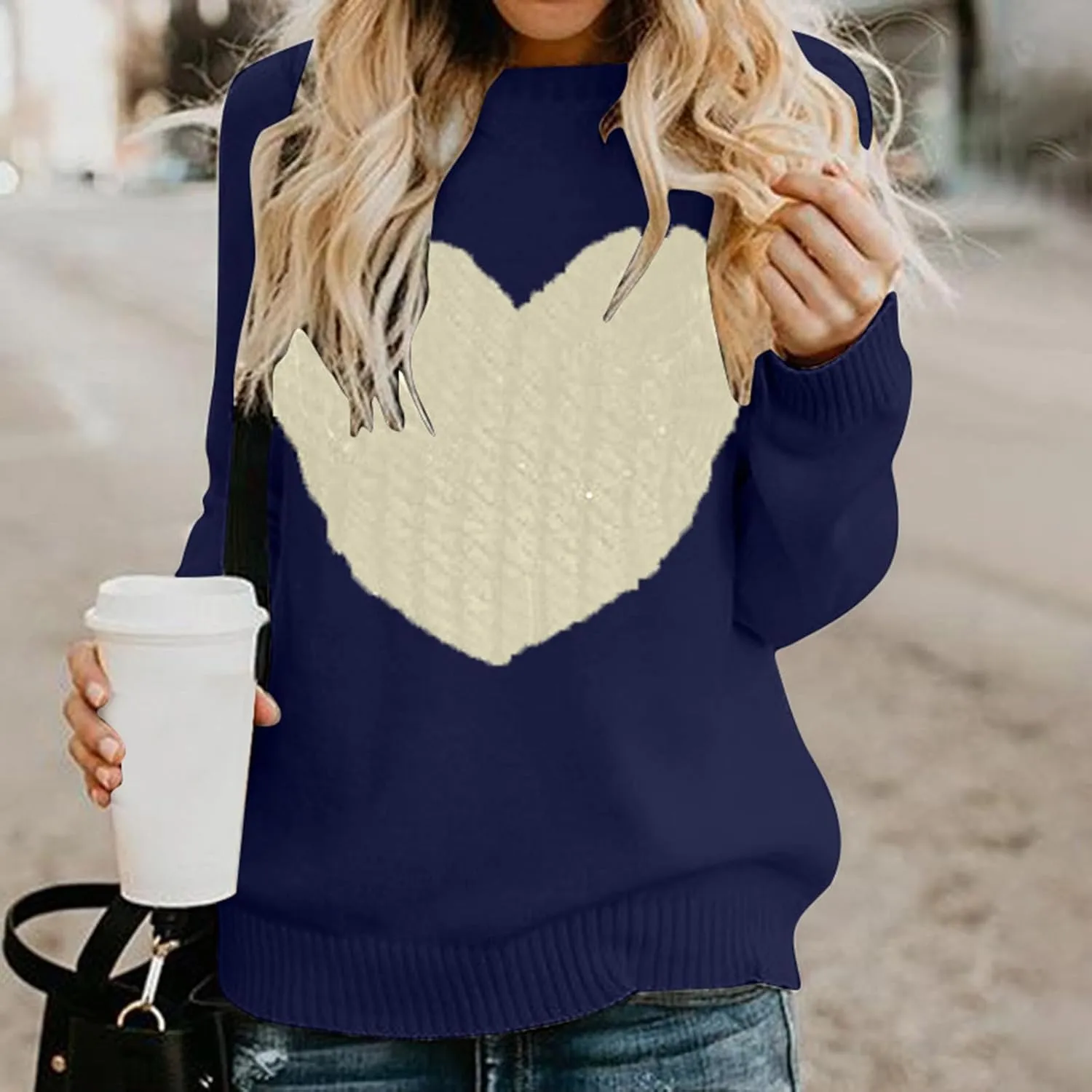 Women's Heart Embroidered Sweaters Fall Fashion Casual Crewneck Retro Knitting Long Sleeve Pullover Sweater