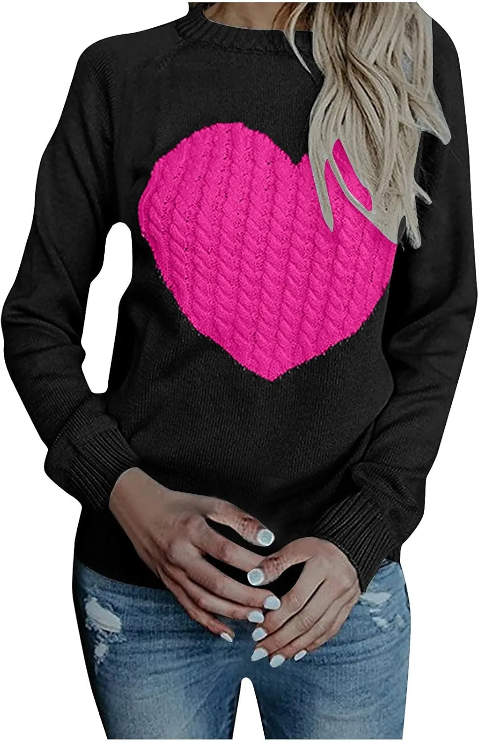 Women's Heart Embroidered Sweaters Fall Fashion Casual Crewneck Retro Knitting Long Sleeve Pullover Sweater