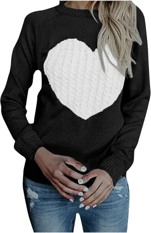 Women's Heart Embroidered Sweaters Fall Fashion Casual Crewneck Retro Knitting Long Sleeve Pullover Sweater