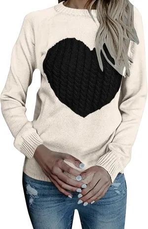 Women's Heart Embroidered Sweaters Fall Fashion Casual Crewneck Retro Knitting Long Sleeve Pullover Sweater