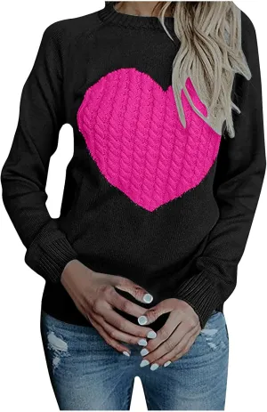 Women's Heart Embroidered Sweaters Fall Fashion Casual Crewneck Retro Knitting Long Sleeve Pullover Sweater