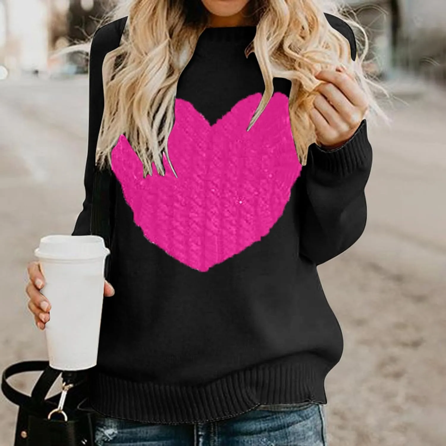 Women's Heart Embroidered Sweaters Fall Fashion Casual Crewneck Retro Knitting Long Sleeve Pullover Sweater