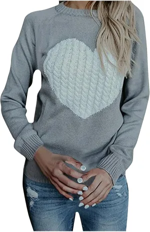 Women's Heart Embroidered Sweaters Fall Fashion Casual Crewneck Retro Knitting Long Sleeve Pullover Sweater