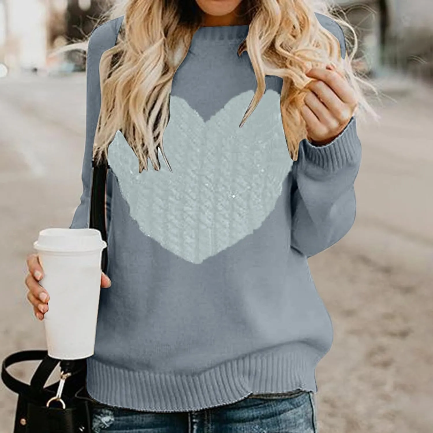 Women's Heart Embroidered Sweaters Fall Fashion Casual Crewneck Retro Knitting Long Sleeve Pullover Sweater