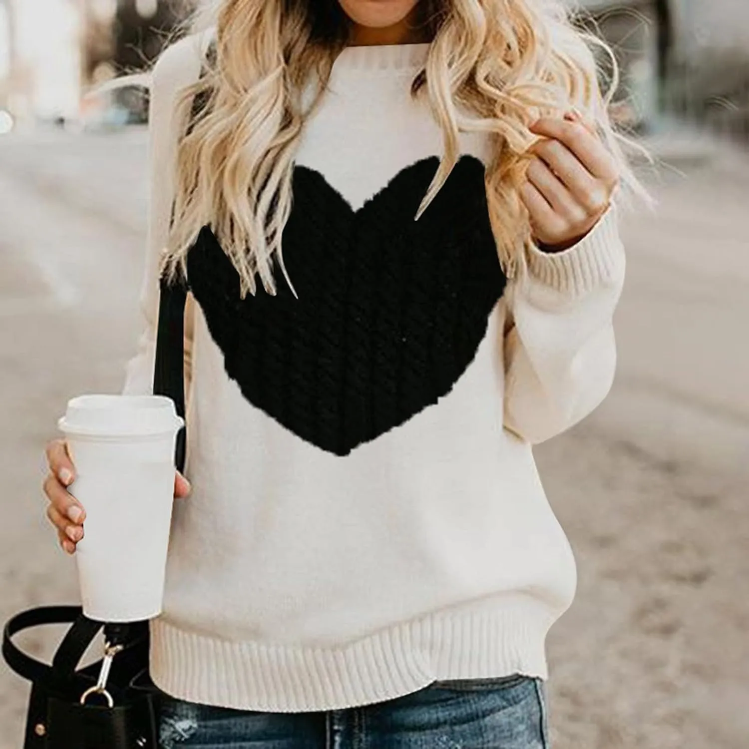 Women's Heart Embroidered Sweaters Fall Fashion Casual Crewneck Retro Knitting Long Sleeve Pullover Sweater