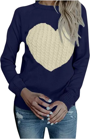 Women's Heart Embroidered Sweaters Fall Fashion Casual Crewneck Retro Knitting Long Sleeve Pullover Sweater