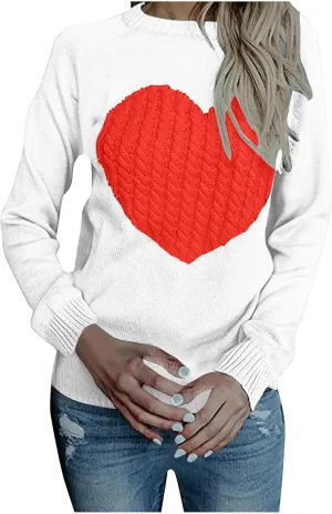 Women's Heart Embroidered Sweaters Fall Fashion Casual Crewneck Retro Knitting Long Sleeve Pullover Sweater