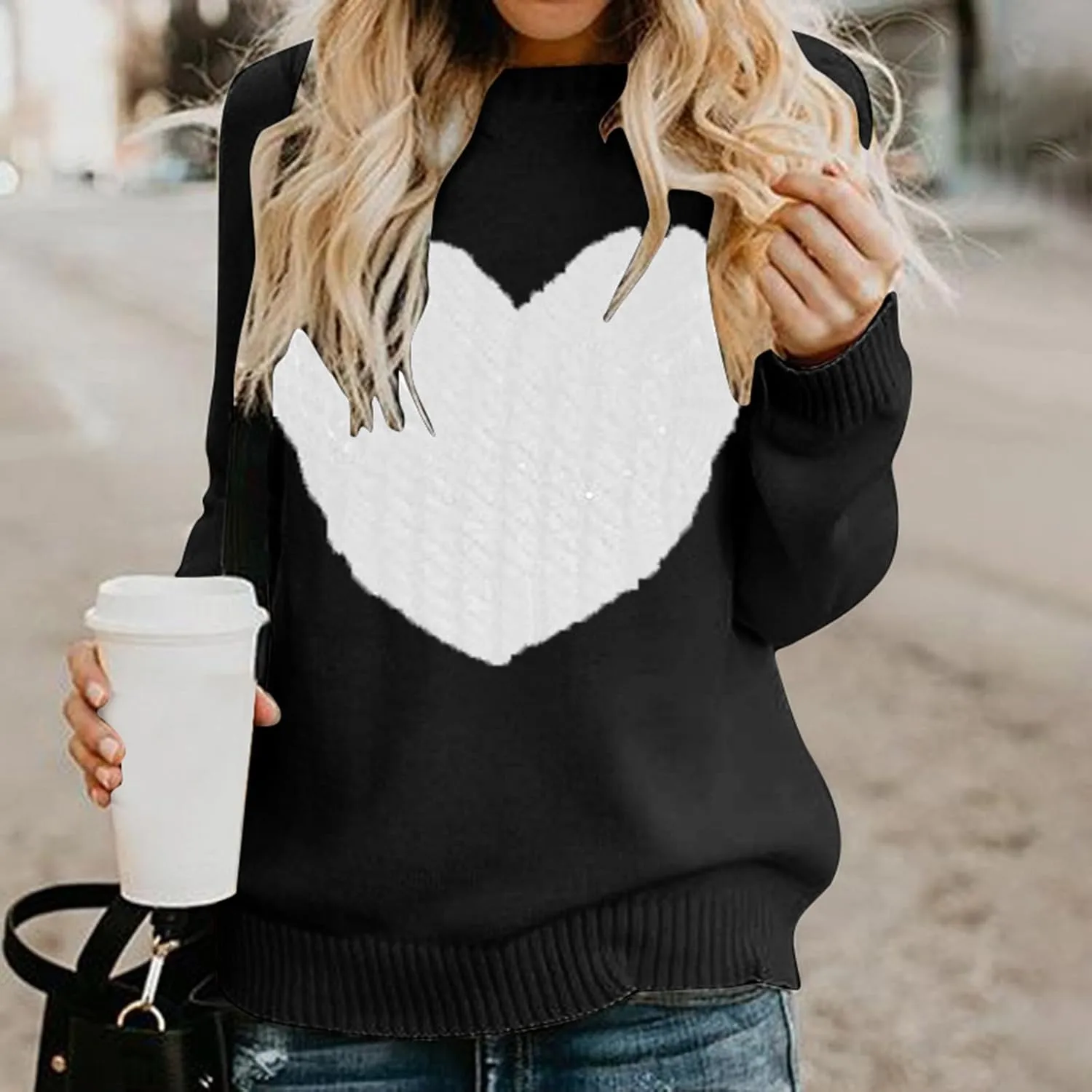 Women's Heart Embroidered Sweaters Fall Fashion Casual Crewneck Retro Knitting Long Sleeve Pullover Sweater