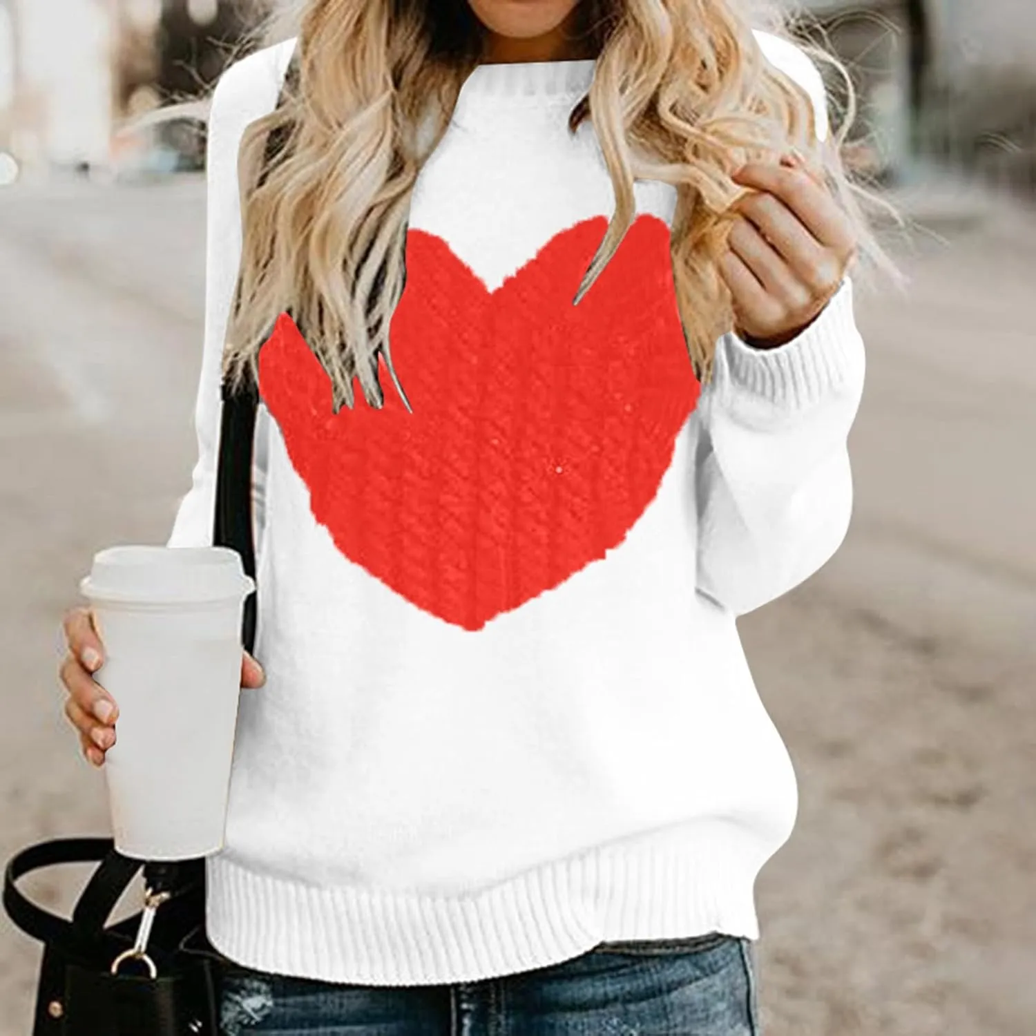 Women's Heart Embroidered Sweaters Fall Fashion Casual Crewneck Retro Knitting Long Sleeve Pullover Sweater