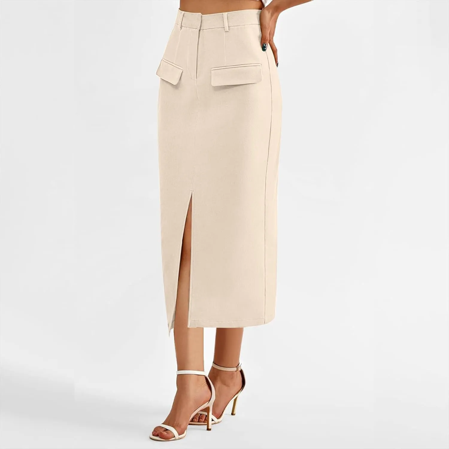 Women's High Waisted Front Split Maxi Skirt Elegant Business Work Skirts Evening Party A-Line Skirts with Pockets