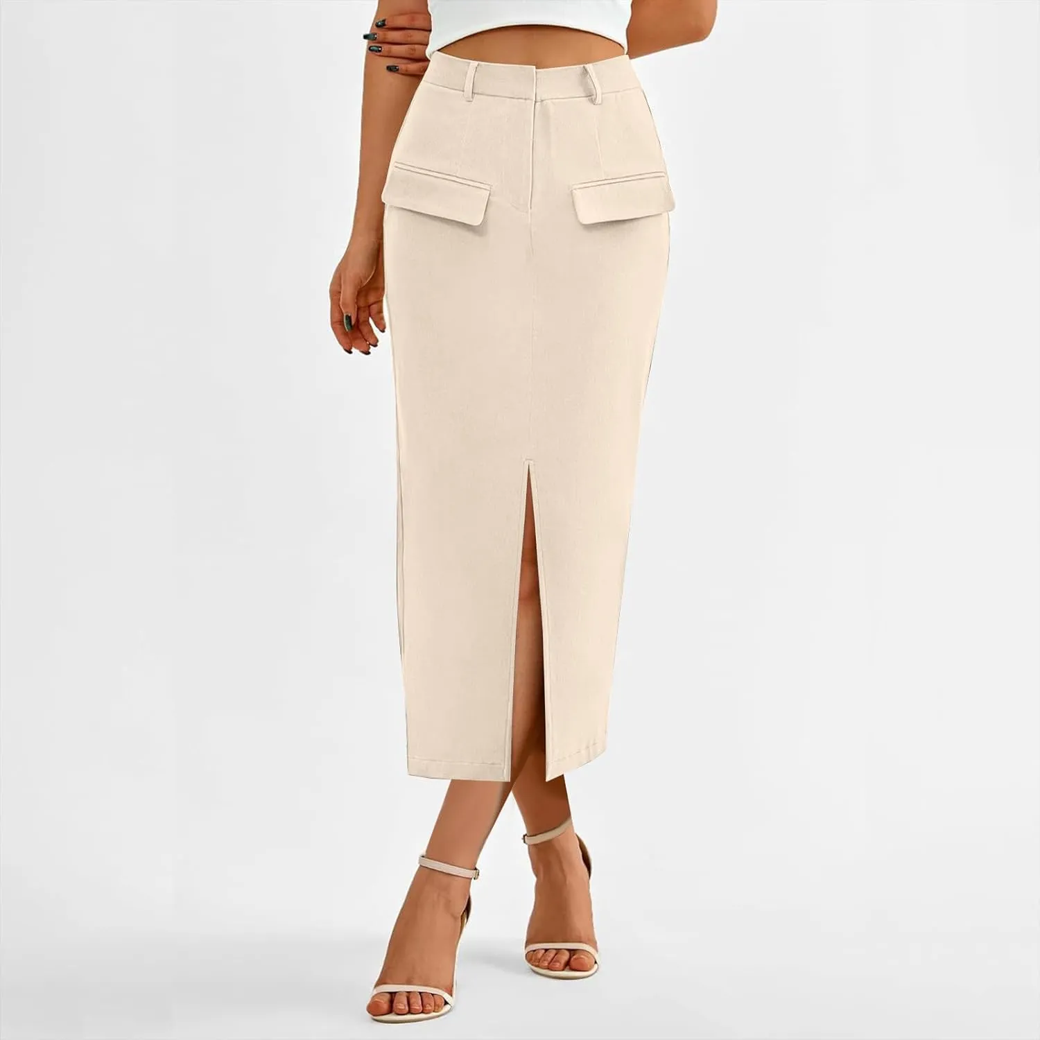Women's High Waisted Front Split Maxi Skirt Elegant Business Work Skirts Evening Party A-Line Skirts with Pockets