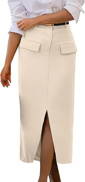Women's High Waisted Front Split Maxi Skirt Elegant Business Work Skirts Evening Party A-Line Skirts with Pockets