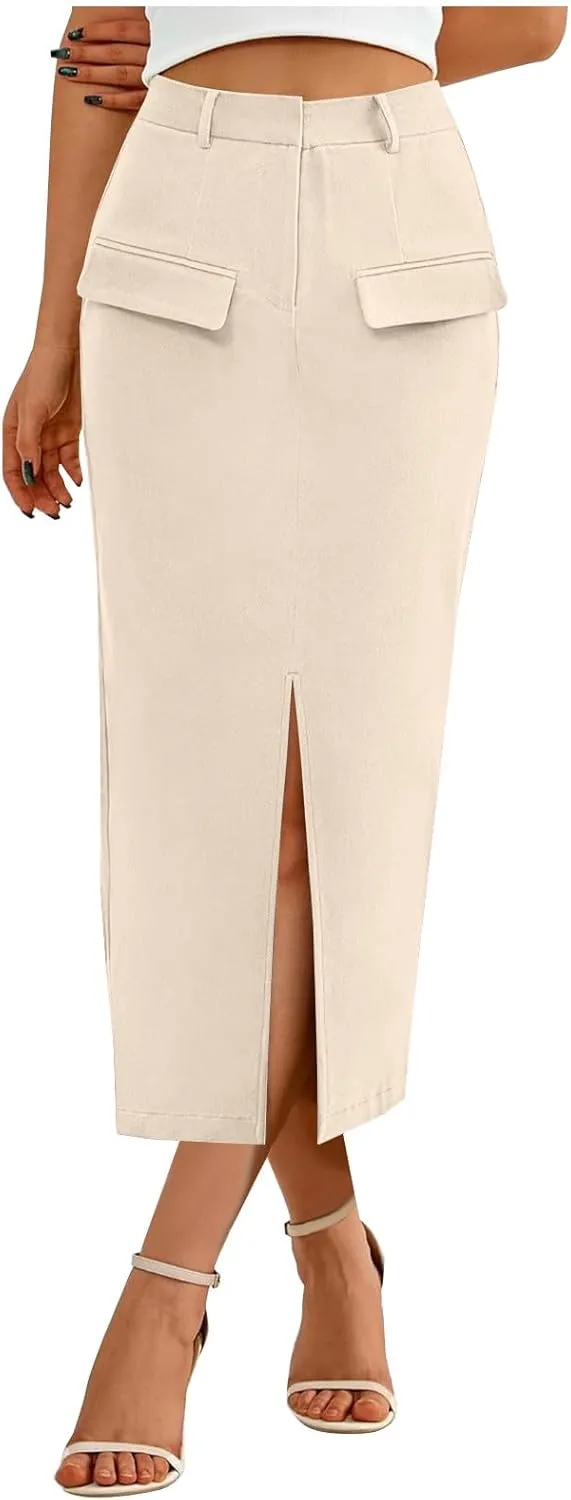 Women's High Waisted Front Split Maxi Skirt Elegant Business Work Skirts Evening Party A-Line Skirts with Pockets