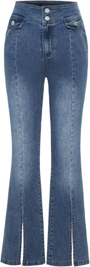 Women's High Waisted Stretch Skinny Slit Classic Bell Bottom Denim Jeans