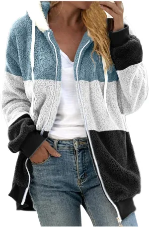 Women's Jackets Loose Large Size Coat Plush Multicolor Paneled Hooded Zip Jacket Fall 2023, S-5XL