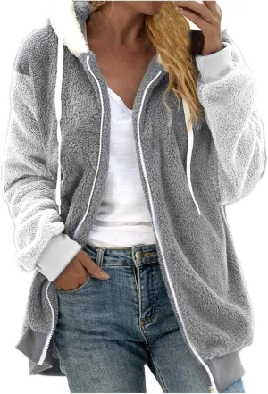 Women's Jackets Loose Large Size Coat Plush Multicolor Paneled Hooded Zip Jacket Fall 2023, S-5XL