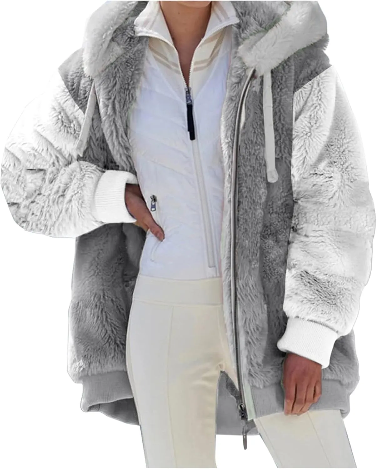 Women's Jackets Loose Large Size Coat Plush Multicolor Paneled Hooded Zip Jacket Fall 2023, S-5XL