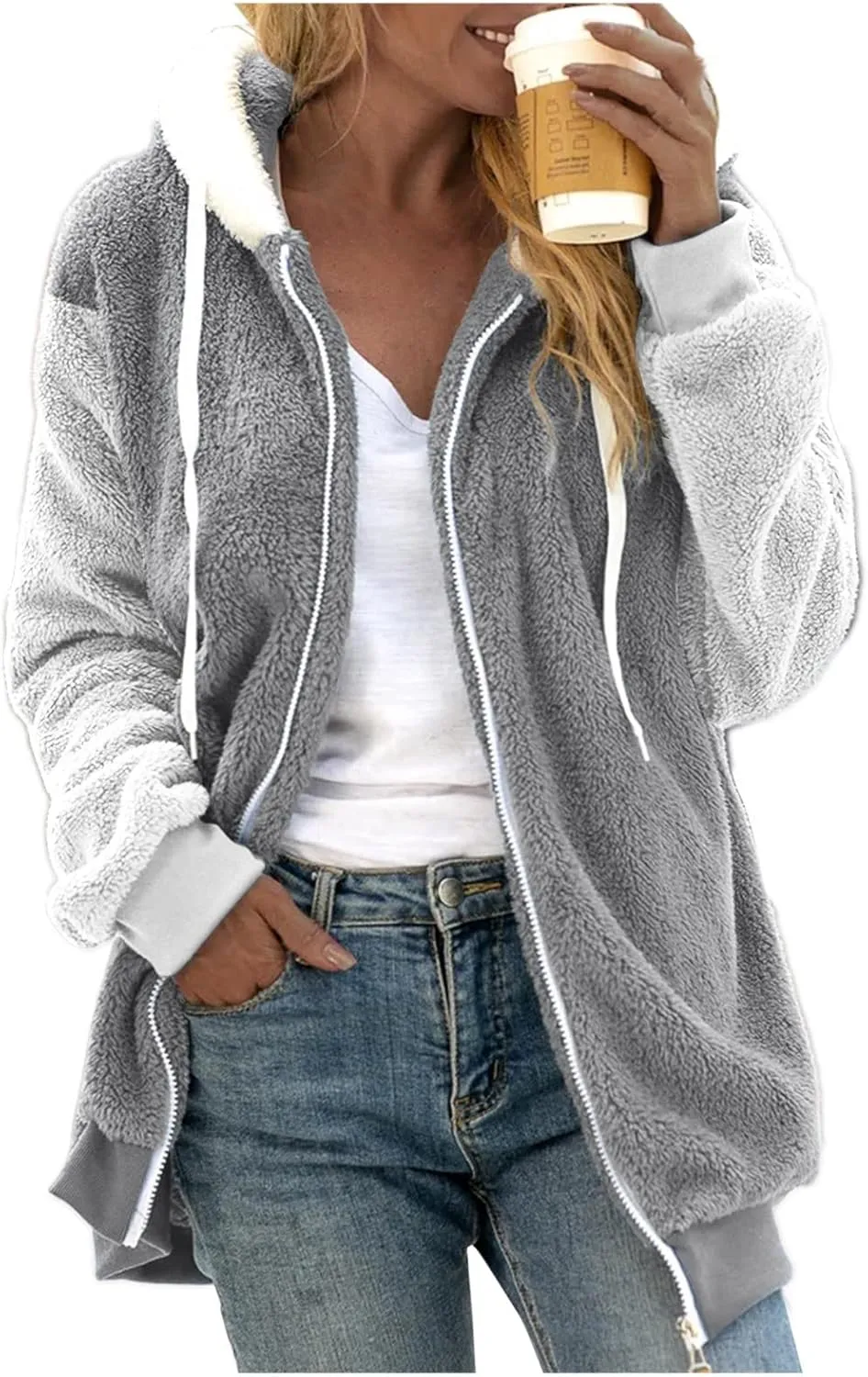 Women's Jackets Loose Large Size Coat Plush Multicolor Paneled Hooded Zip Jacket Fall 2023, S-5XL