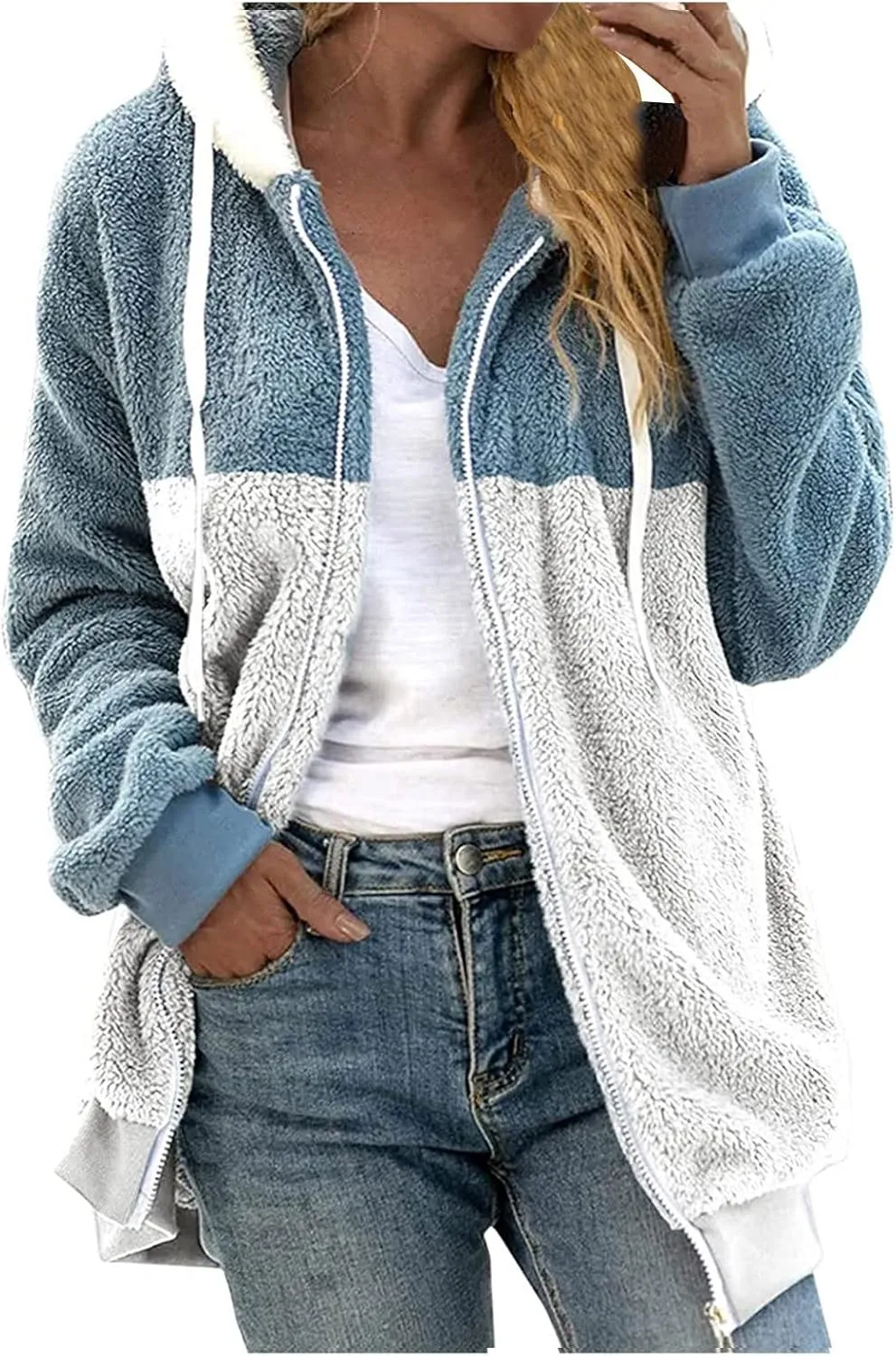 Women's Jackets Loose Large Size Coat Plush Multicolor Paneled Hooded Zip Jacket Fall 2023, S-5XL