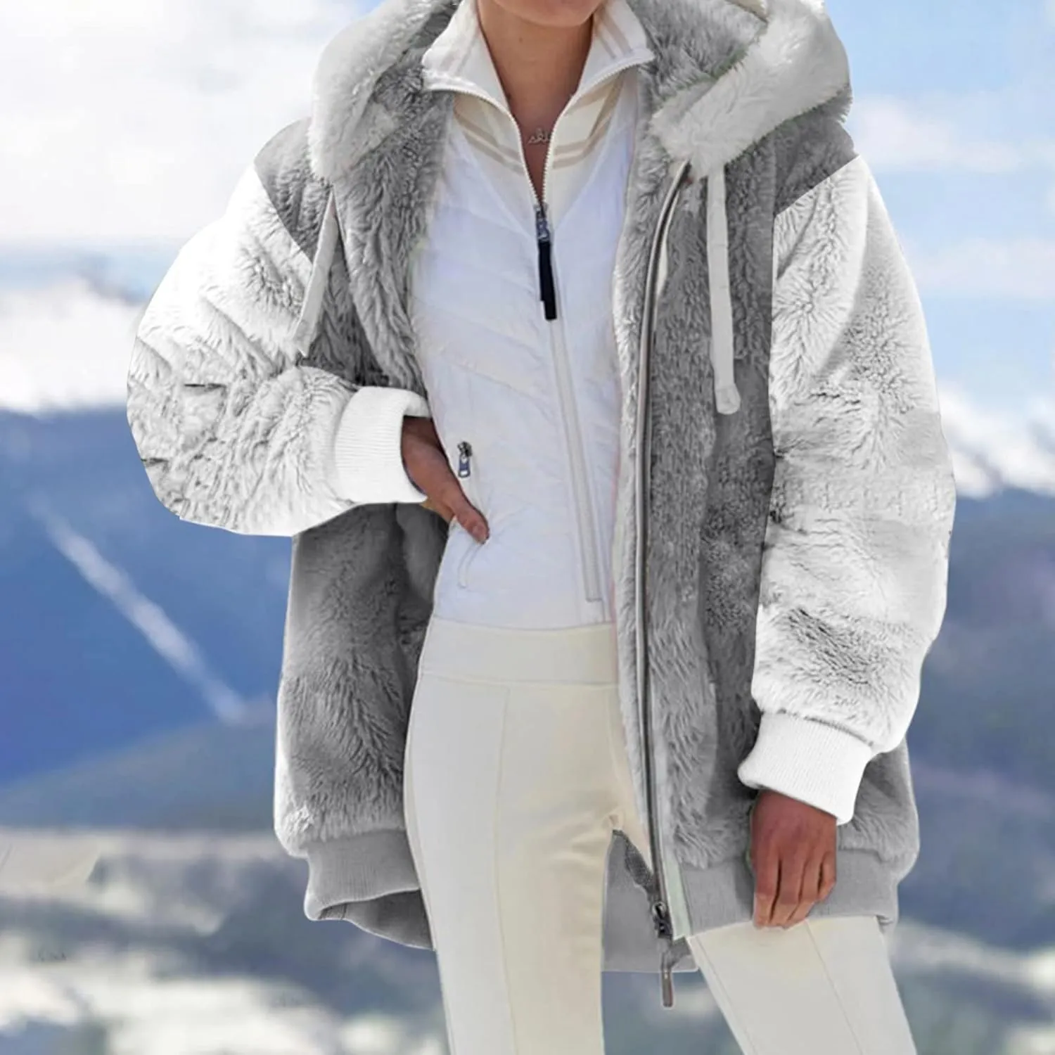 Women's Jackets Loose Large Size Coat Plush Multicolor Paneled Hooded Zip Jacket Fall 2023, S-5XL