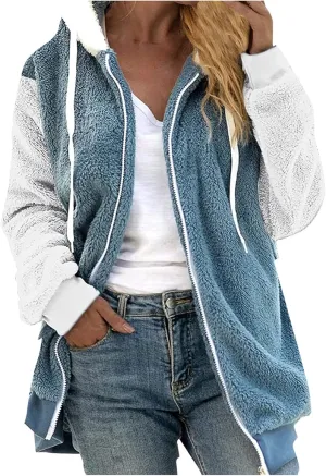 Women's Jackets Loose Large Size Coat Plush Multicolor Paneled Hooded Zip Jacket Fall 2023, S-5XL