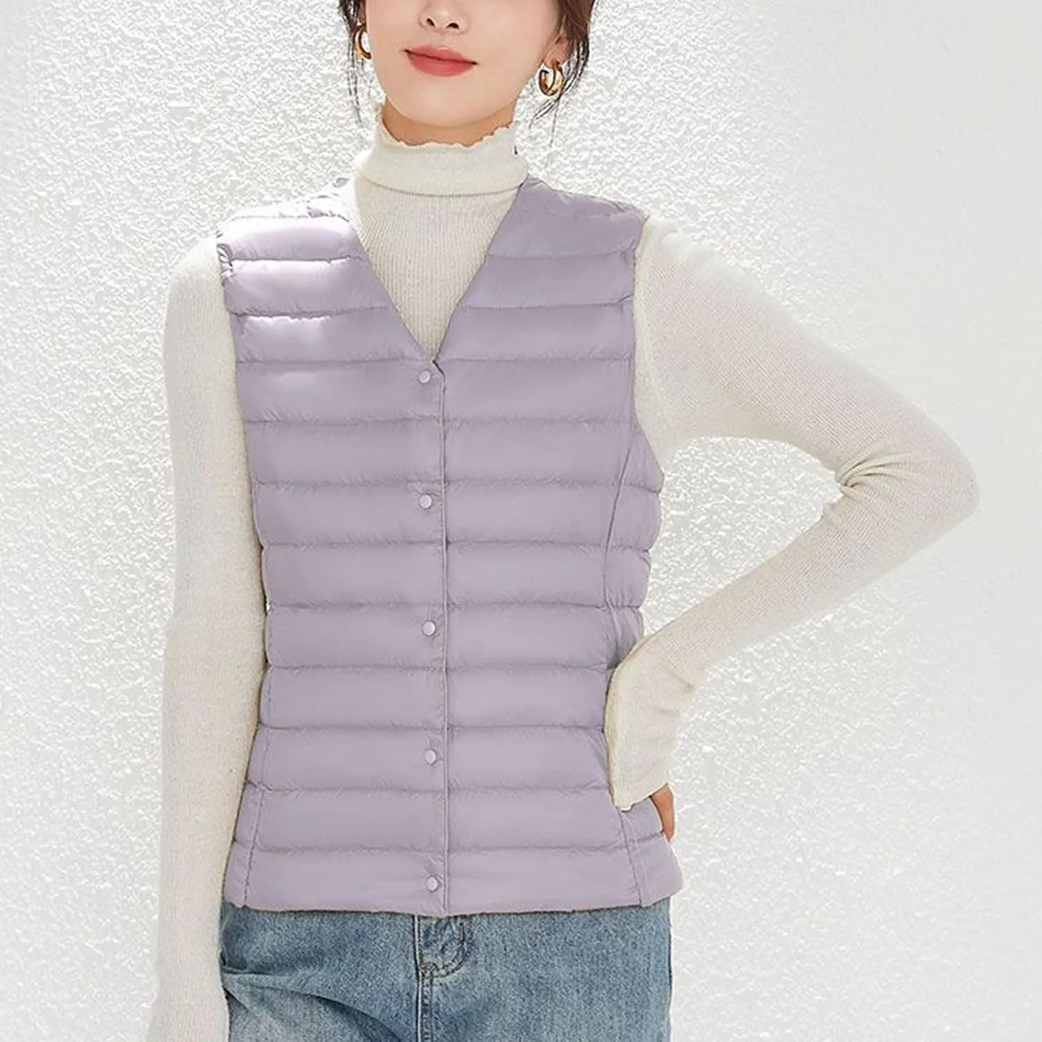 Womens Lightweight Vest Fashion Simple Solid V Neck Button Sleeveless Puffer Down Jacket Winter Casual Versatile Waistcoat