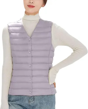 Womens Lightweight Vest Fashion Simple Solid V Neck Button Sleeveless Puffer Down Jacket Winter Casual Versatile Waistcoat
