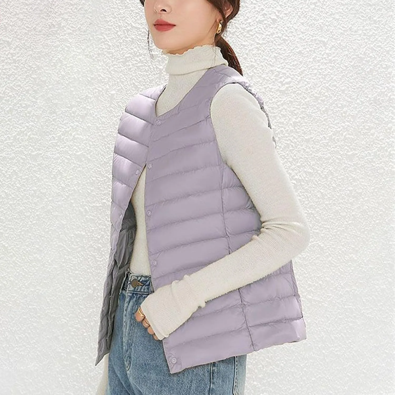 Womens Lightweight Vest Fashion Simple Solid V Neck Button Sleeveless Puffer Down Jacket Winter Casual Versatile Waistcoat