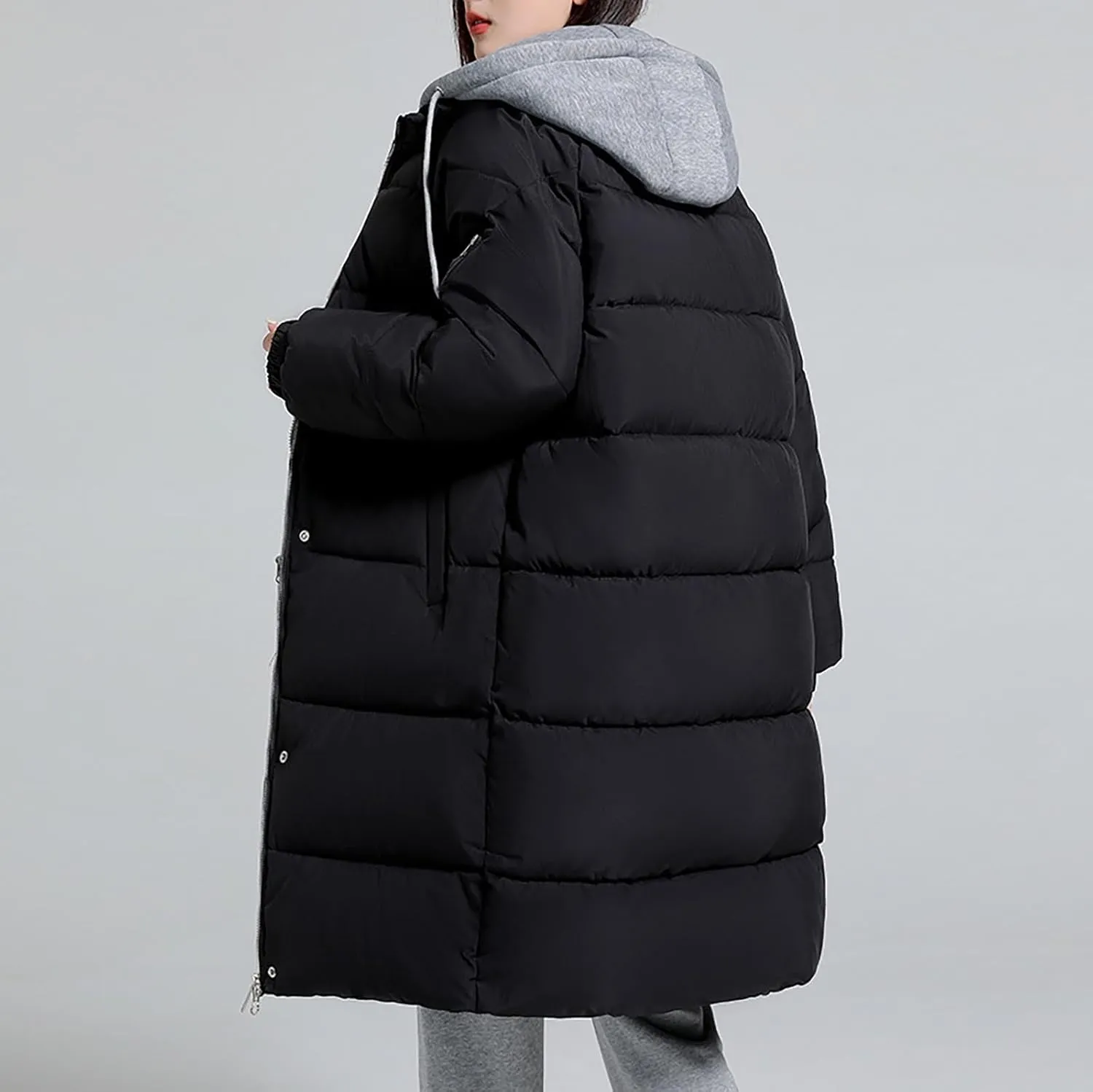 Womens Long Puffer Down Jacket 2023 Fashion Fake Two Piece Hooded Heavyweight Warm Coat Winter Elegant Solid Thermal Overcoat
