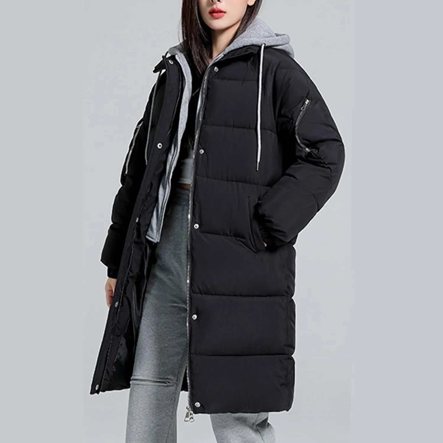 Womens Long Puffer Down Jacket 2023 Fashion Fake Two Piece Hooded Heavyweight Warm Coat Winter Elegant Solid Thermal Overcoat