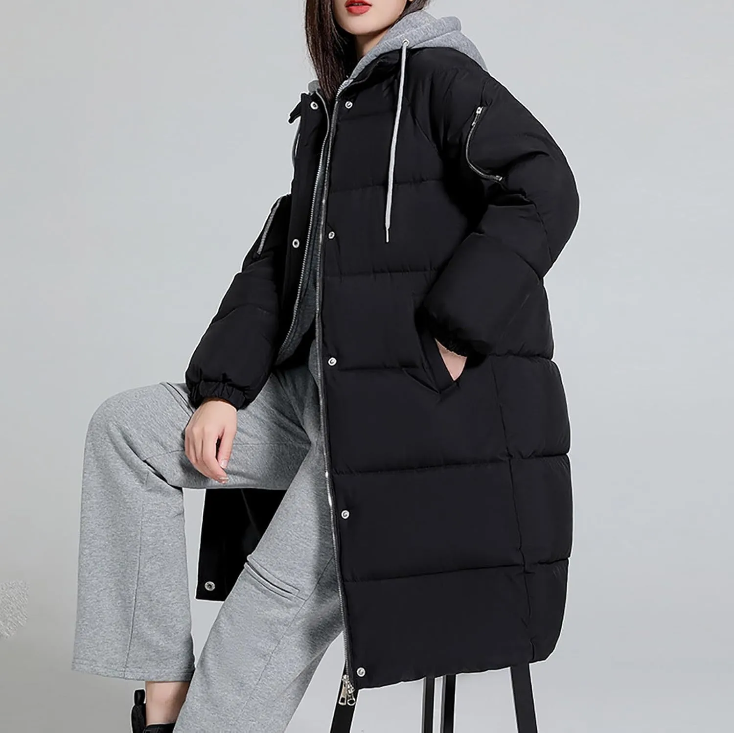 Womens Long Puffer Down Jacket 2023 Fashion Fake Two Piece Hooded Heavyweight Warm Coat Winter Elegant Solid Thermal Overcoat