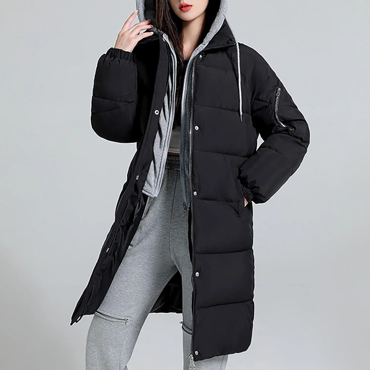 Womens Long Puffer Down Jacket 2023 Fashion Fake Two Piece Hooded Heavyweight Warm Coat Winter Elegant Solid Thermal Overcoat