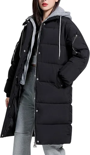 Womens Long Puffer Down Jacket 2023 Fashion Fake Two Piece Hooded Heavyweight Warm Coat Winter Elegant Solid Thermal Overcoat