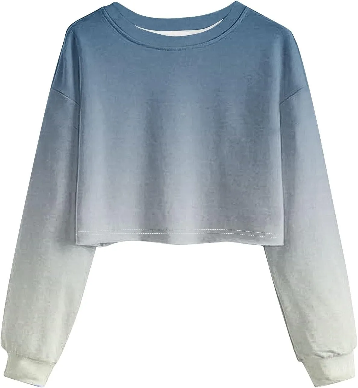 Womens Long Sleeve Cropped T-Shirts Ombre Round Neck Drop Shoulder Crop Sweatshirts Fleece Casual Workout Crop Tops