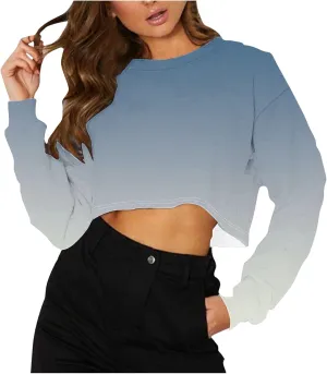 Womens Long Sleeve Cropped T-Shirts Ombre Round Neck Drop Shoulder Crop Sweatshirts Fleece Casual Workout Crop Tops