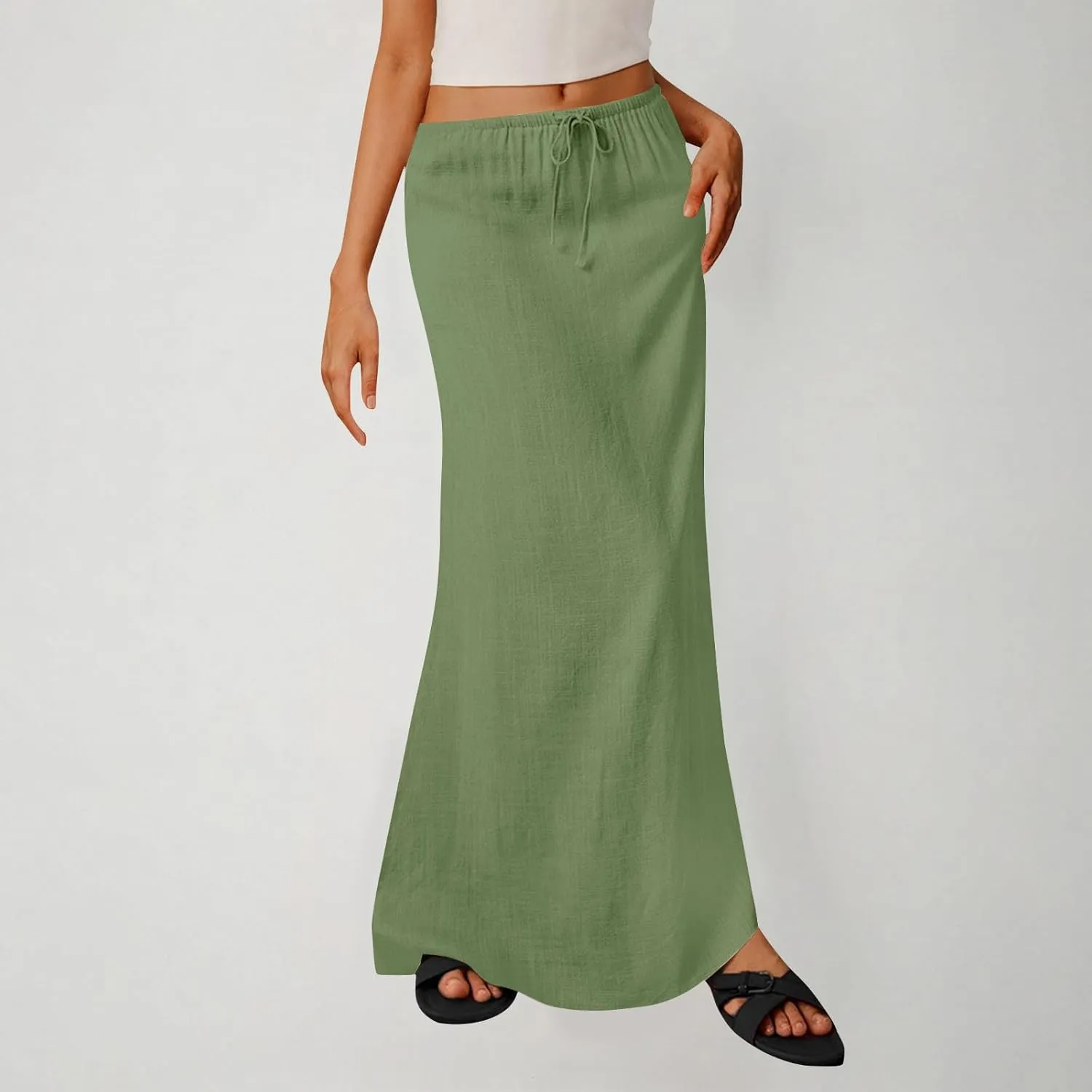 Womens Maxi Skirt Casual Flowy Drawstring High Waist Flowy Long Skirts Summer Beach Vacation Outfits Clothes