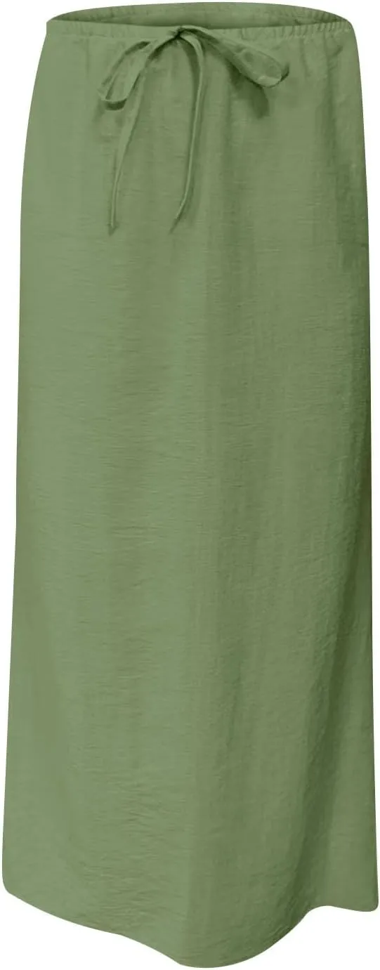 Womens Maxi Skirt Casual Flowy Drawstring High Waist Flowy Long Skirts Summer Beach Vacation Outfits Clothes