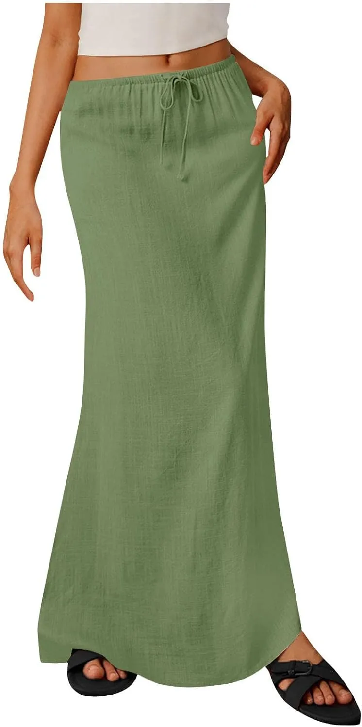 Womens Maxi Skirt Casual Flowy Drawstring High Waist Flowy Long Skirts Summer Beach Vacation Outfits Clothes
